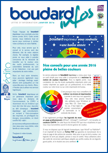 Janvier 2016 - gestion de la couleur imprimée - réglette nuancier - cercle chromatique de l'imprimeur - calibration écran - calibration imprimante - stockage imprimés - logistique des imprimés - impression rapport d'activité - éco-conception des imprimés - imprimerie et énergies renouvelables